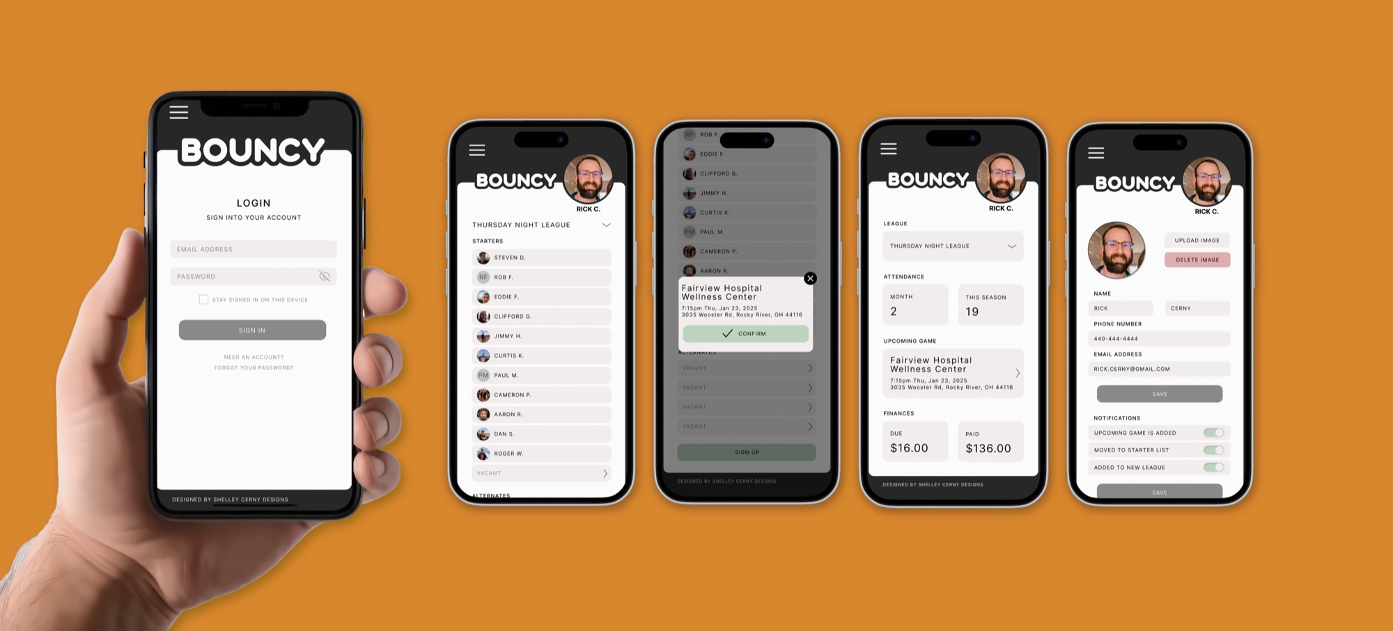Bouncy - app design mockup showing basketball event listings